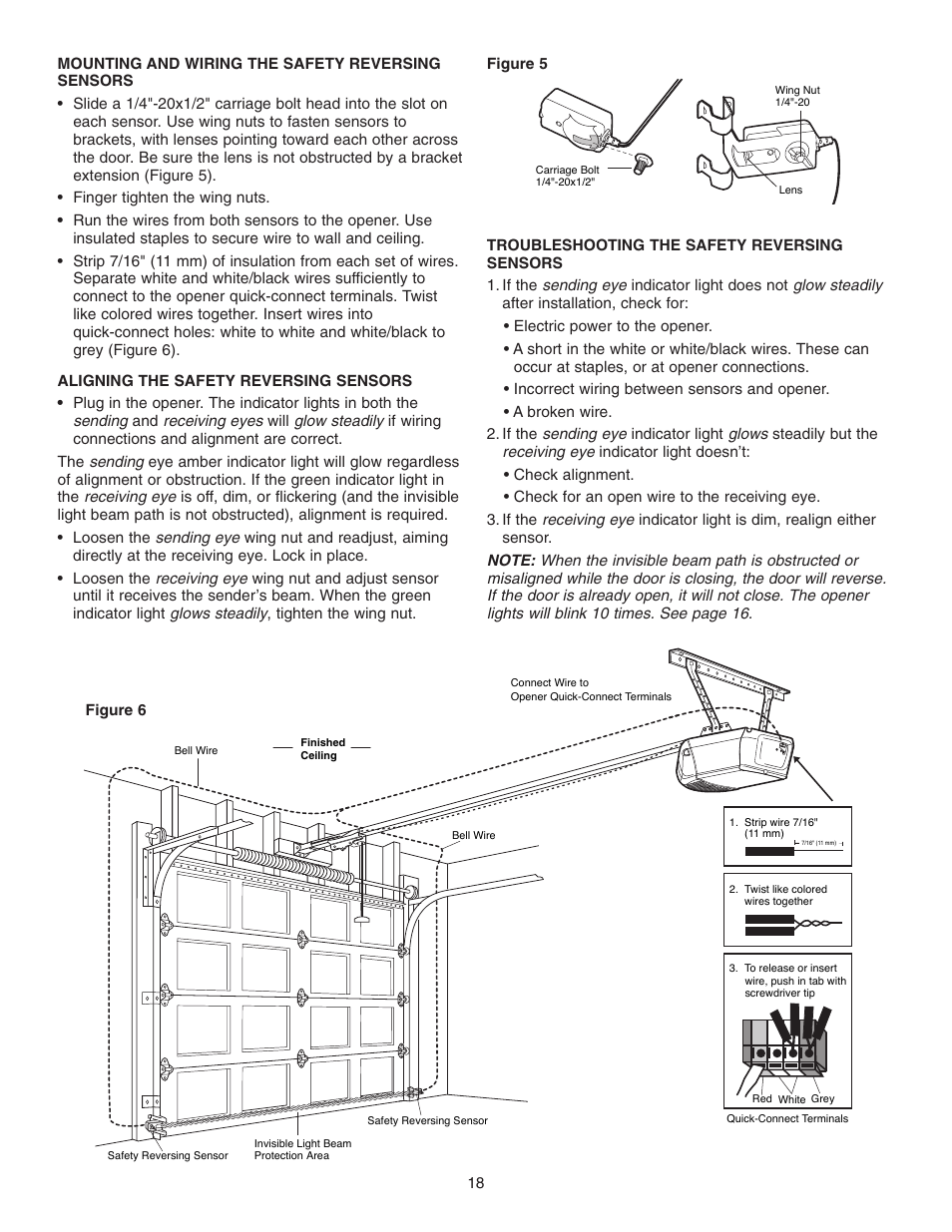 Mounting and wiring the safety reversing sensors | Chamberlain 3255-2 1/2 HP User Manual | Page 18 / 36