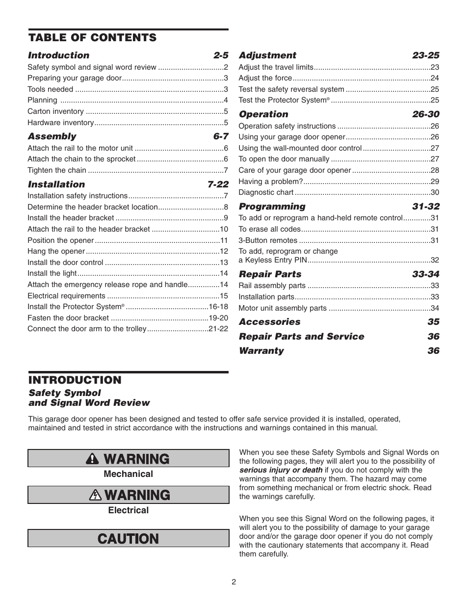Chamberlain 3255-2 1/2 HP User Manual | Page 2 / 36