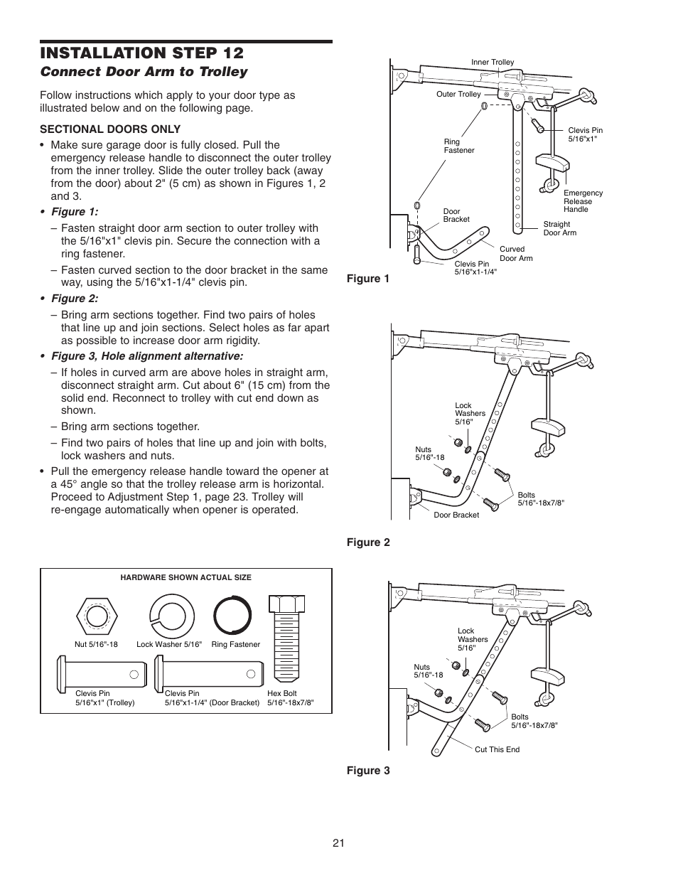 Step 12 connect door arm to trolley, Installation step 12, Connect door arm to trolley | Chamberlain 3255-2 1/2 HP User Manual | Page 21 / 36