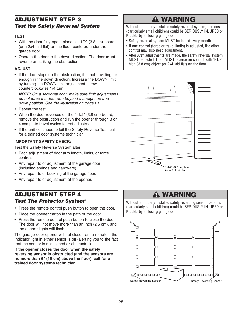 Step 3 test the safety reversal system, Step 4 test the protector system, Adjustment step 3 | Adjustment step 4 | Chamberlain 3255-2 1/2 HP User Manual | Page 25 / 36