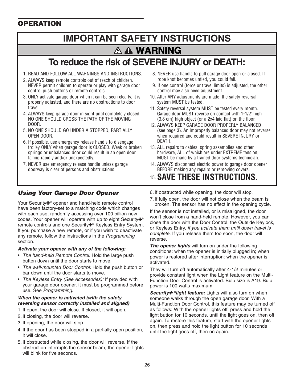 Operation, Using your garage door opener, Warning | Save these instructions | Chamberlain 3255-2 1/2 HP User Manual | Page 26 / 36