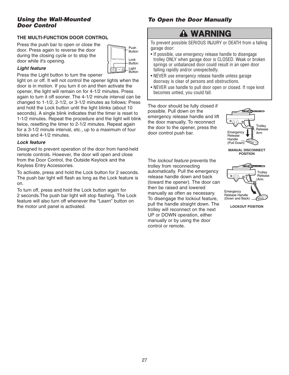 Using the wall-mounted door control, To open the door manually | Chamberlain 3255-2 1/2 HP User Manual | Page 27 / 36