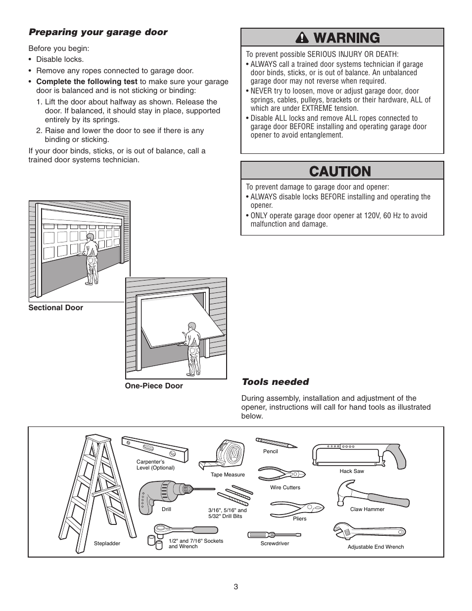 Preparing your garage door, Tools needed | Chamberlain 3255-2 1/2 HP User Manual | Page 3 / 36