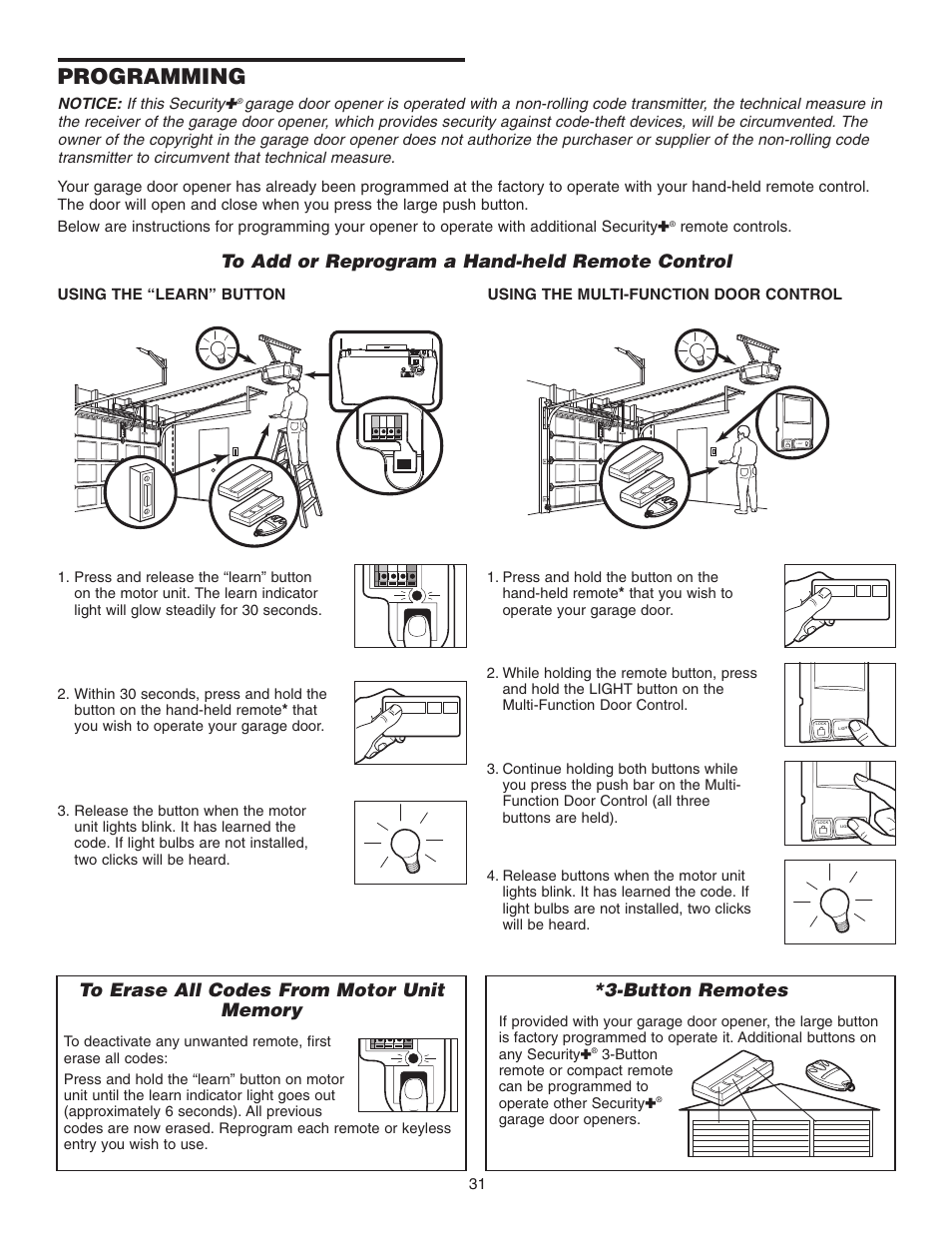 Programming, To add or reprogram a hand-held remote control, To erase all codes from motor unit memory | Button remotes | Chamberlain 3255-2 1/2 HP User Manual | Page 31 / 36