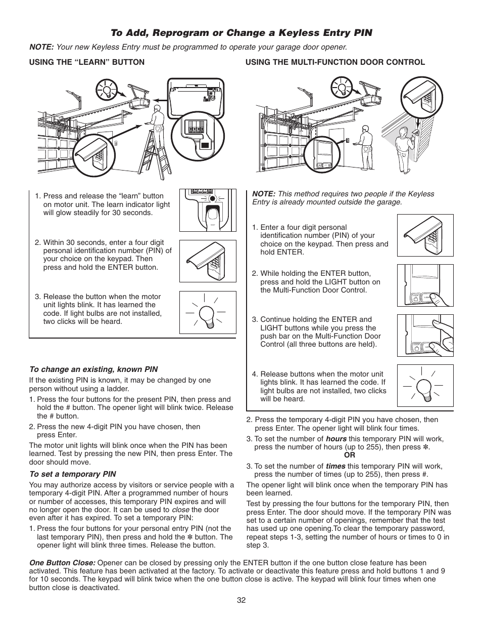 To add, reprogram or change a keyless entry pin | Chamberlain 3255-2 1/2 HP User Manual | Page 32 / 36