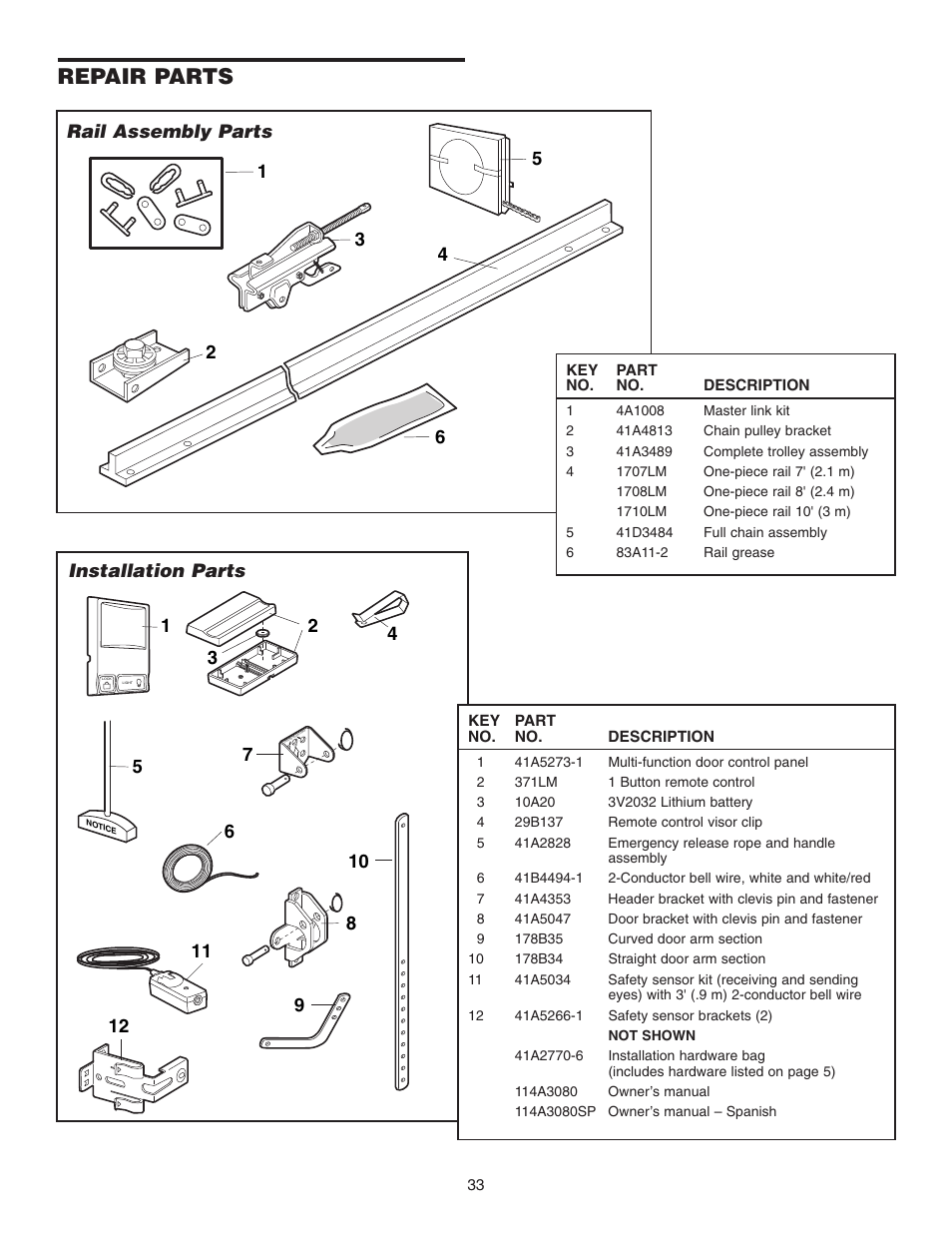 Repair parts, Rail assembly parts, Installation parts | Chamberlain 3255-2 1/2 HP User Manual | Page 33 / 36