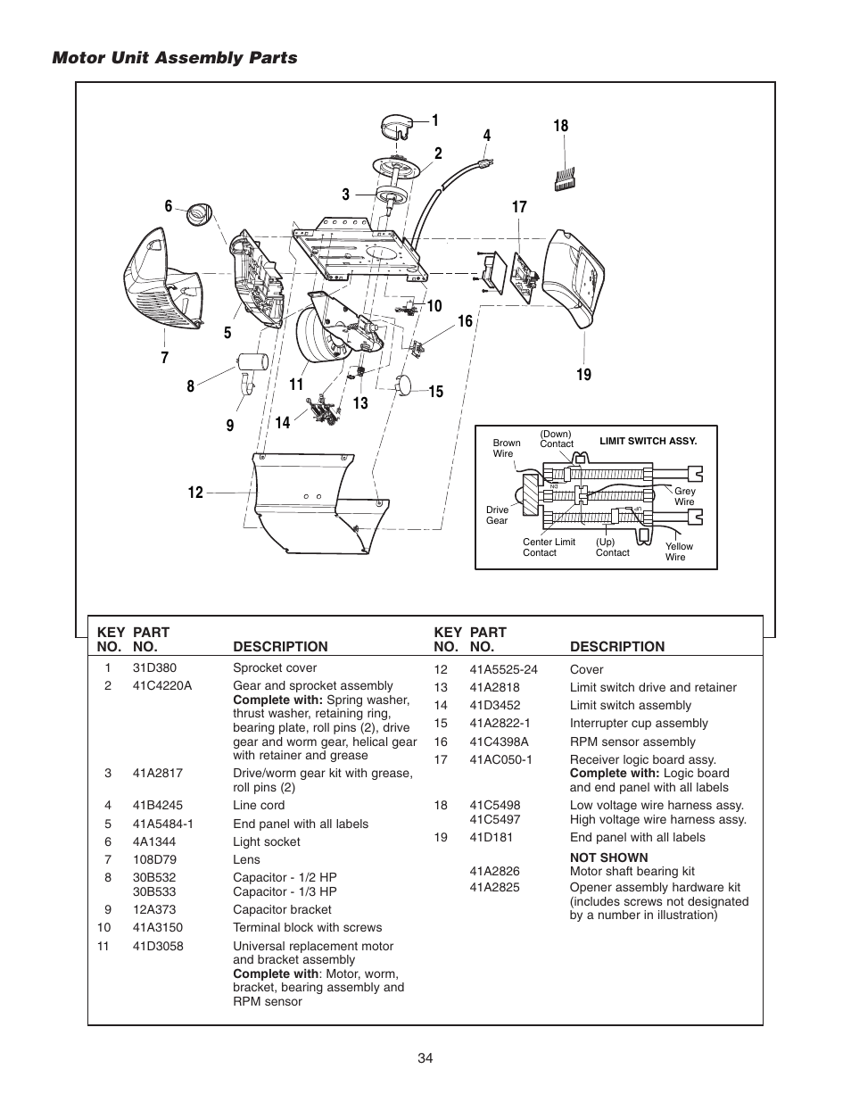 Motor unit assembly parts | Chamberlain 3255-2 1/2 HP User Manual | Page 34 / 36