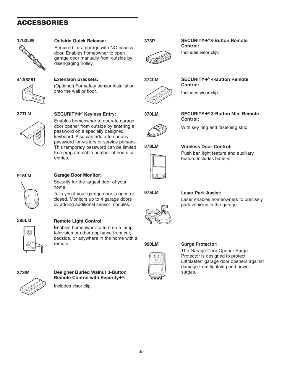 Accessories | Chamberlain 3255-2 1/2 HP User Manual | Page 35 / 36