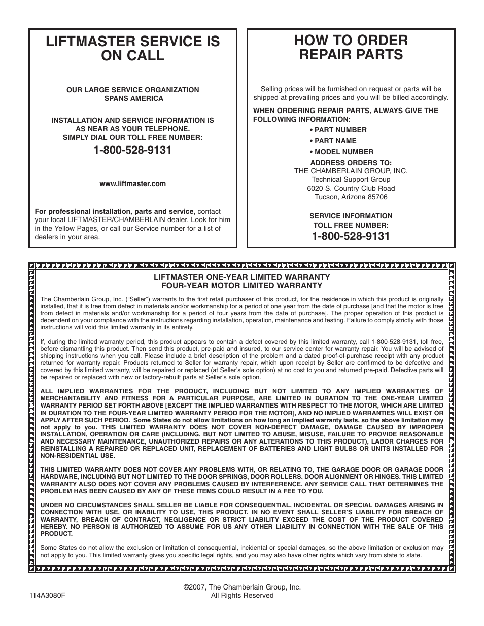 Warranty, Liftmaster service is on call, How to order repair parts | Chamberlain 3255-2 1/2 HP User Manual | Page 36 / 36