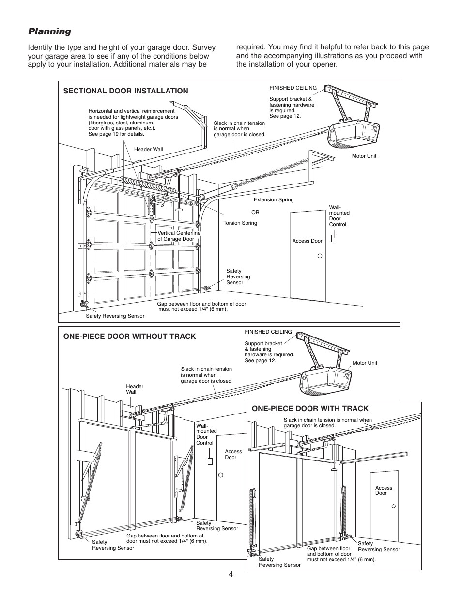 Planning, One-piece door without track, One-piece door without track 4 | One-piece door with track | Chamberlain 3255-2 1/2 HP User Manual | Page 4 / 36