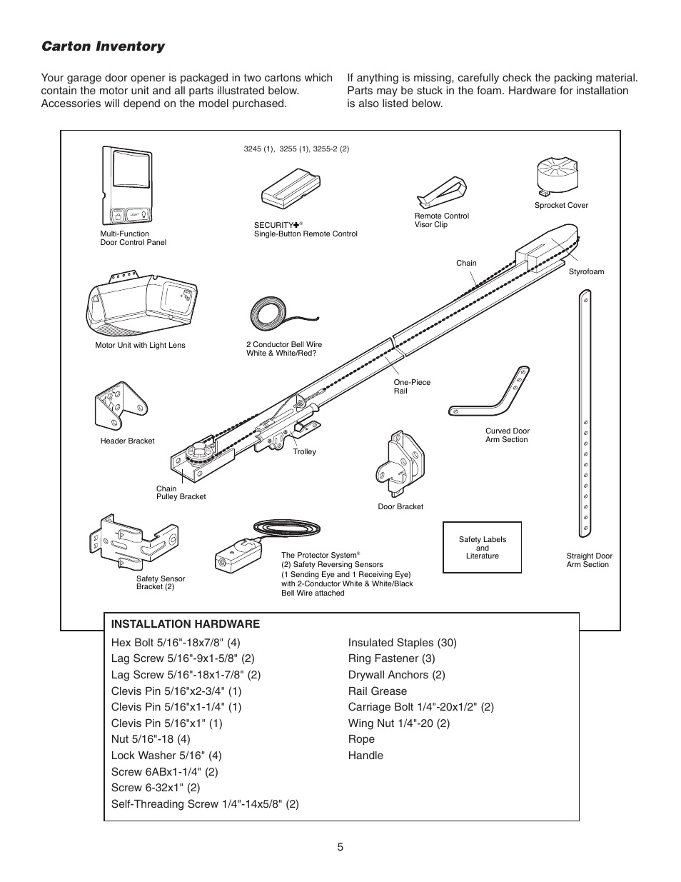 Carton inventory | Chamberlain 3255-2 1/2 HP User Manual | Page 5 / 36