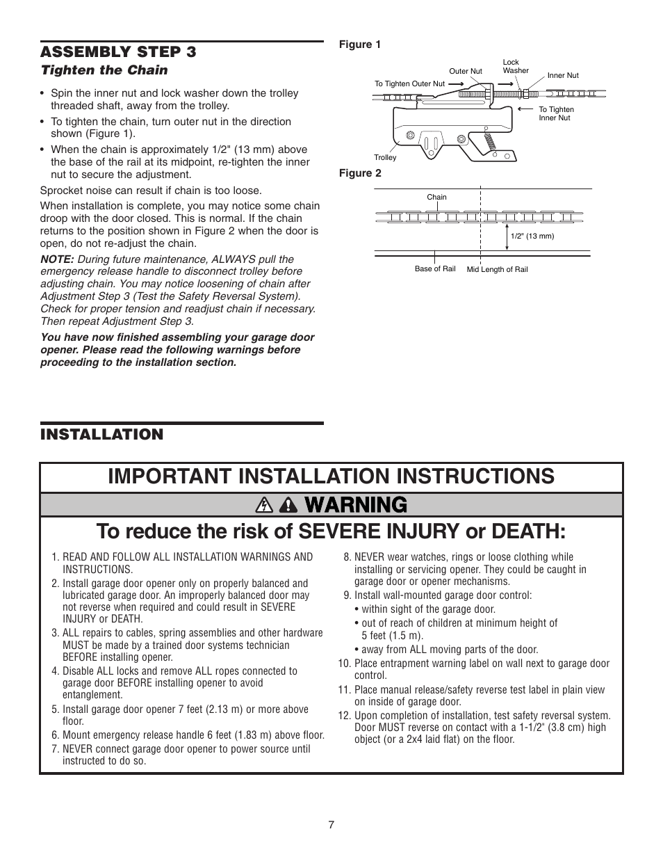 Step 3 tighten the chain, Installation, Installation assembly step 3 | Chamberlain 3255-2 1/2 HP User Manual | Page 7 / 36