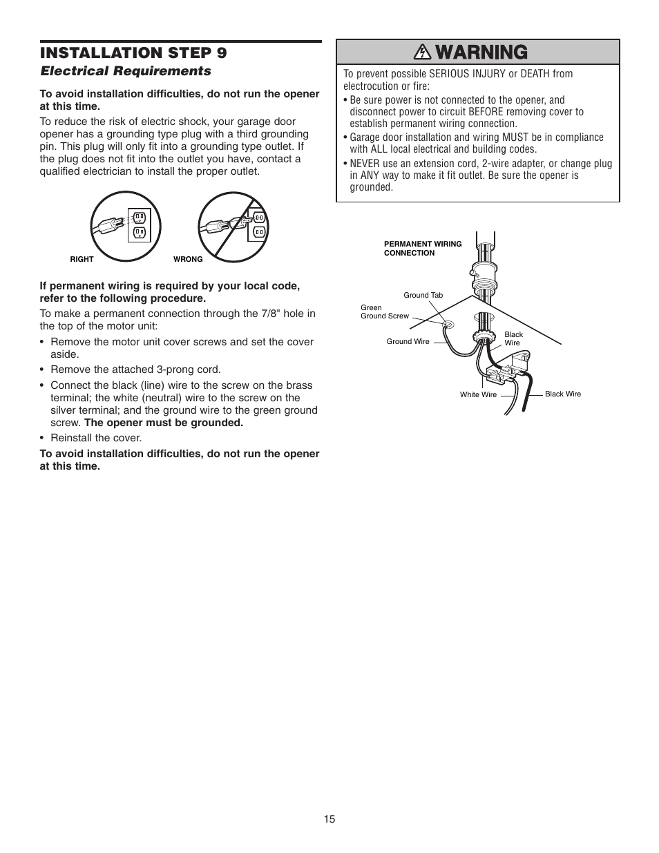 Step 9 electrical requirements, Installation step 9, Electrical requirements | Chamberlain 3265 1/2 HP User Manual | Page 15 / 36