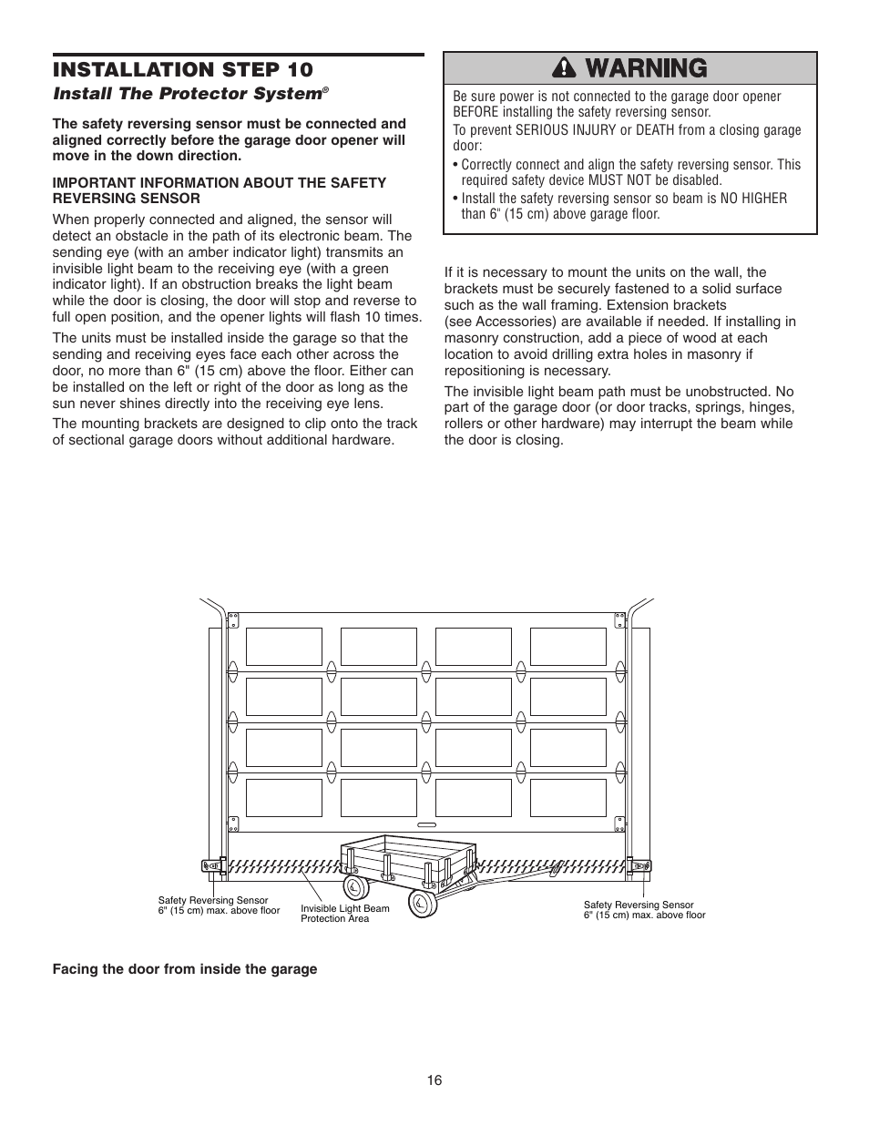 Step 10 install the protector system, Installation step 10, Install the protector system | Chamberlain 3265 1/2 HP User Manual | Page 16 / 36