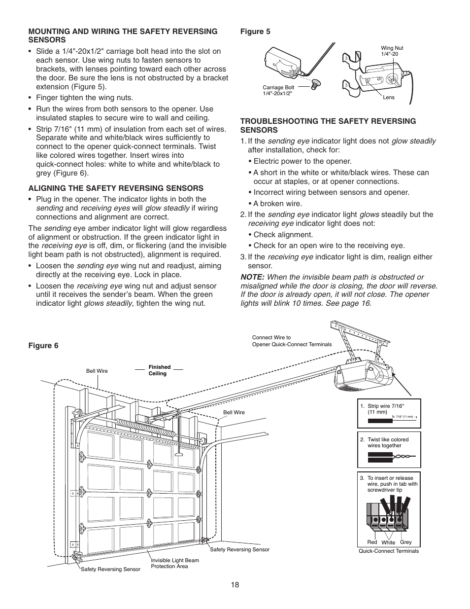 Mounting and wiring the safety reversing sensors | Chamberlain 3265 1/2 HP User Manual | Page 18 / 36