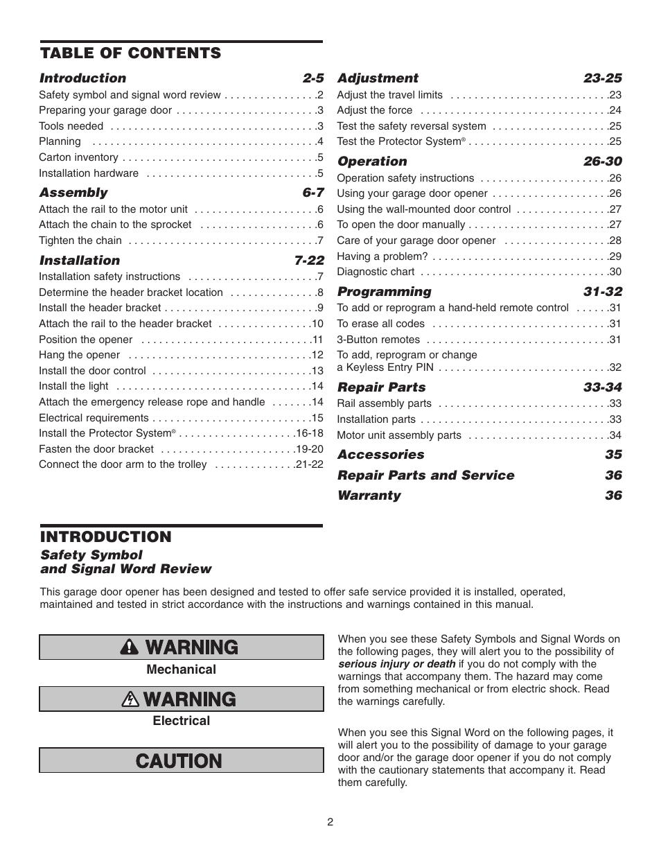 Chamberlain 3265 1/2 HP User Manual | Page 2 / 36