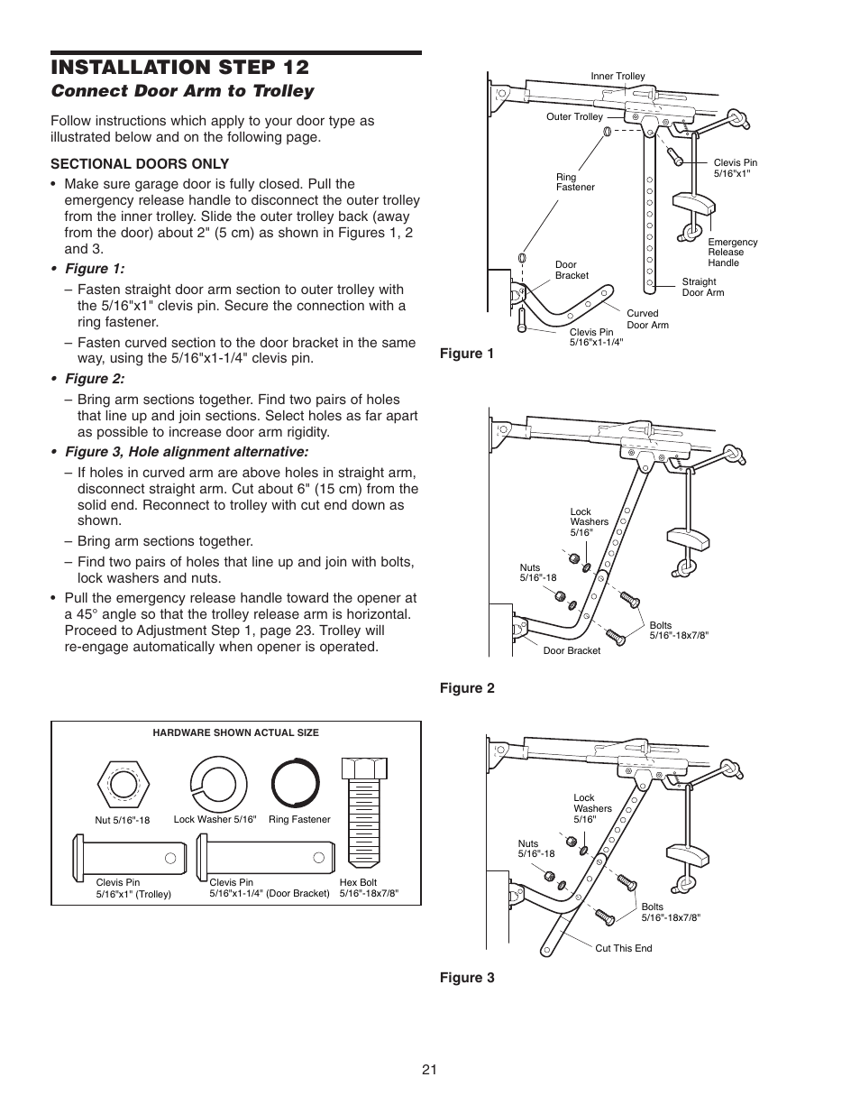 Step 12 connect door arm to trolley, Installation step 12, Connect door arm to trolley | Chamberlain 3265 1/2 HP User Manual | Page 21 / 36