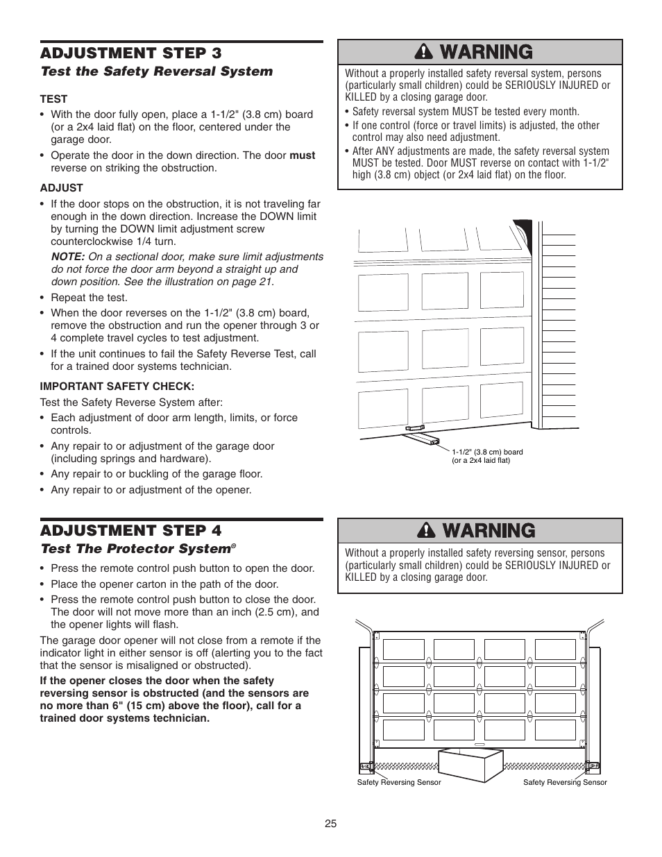 Step 3 test the safety reversal system, Step 4 test the protector system, Adjustment step 3 | Adjustment step 4 | Chamberlain 3265 1/2 HP User Manual | Page 25 / 36