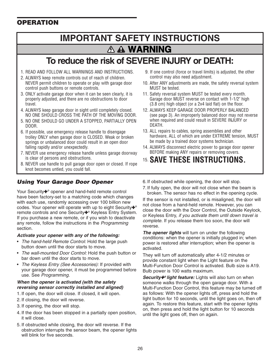 Operation, Using your garage door opener, Warning | Important safety instructions, Save these instructions | Chamberlain 3265 1/2 HP User Manual | Page 26 / 36