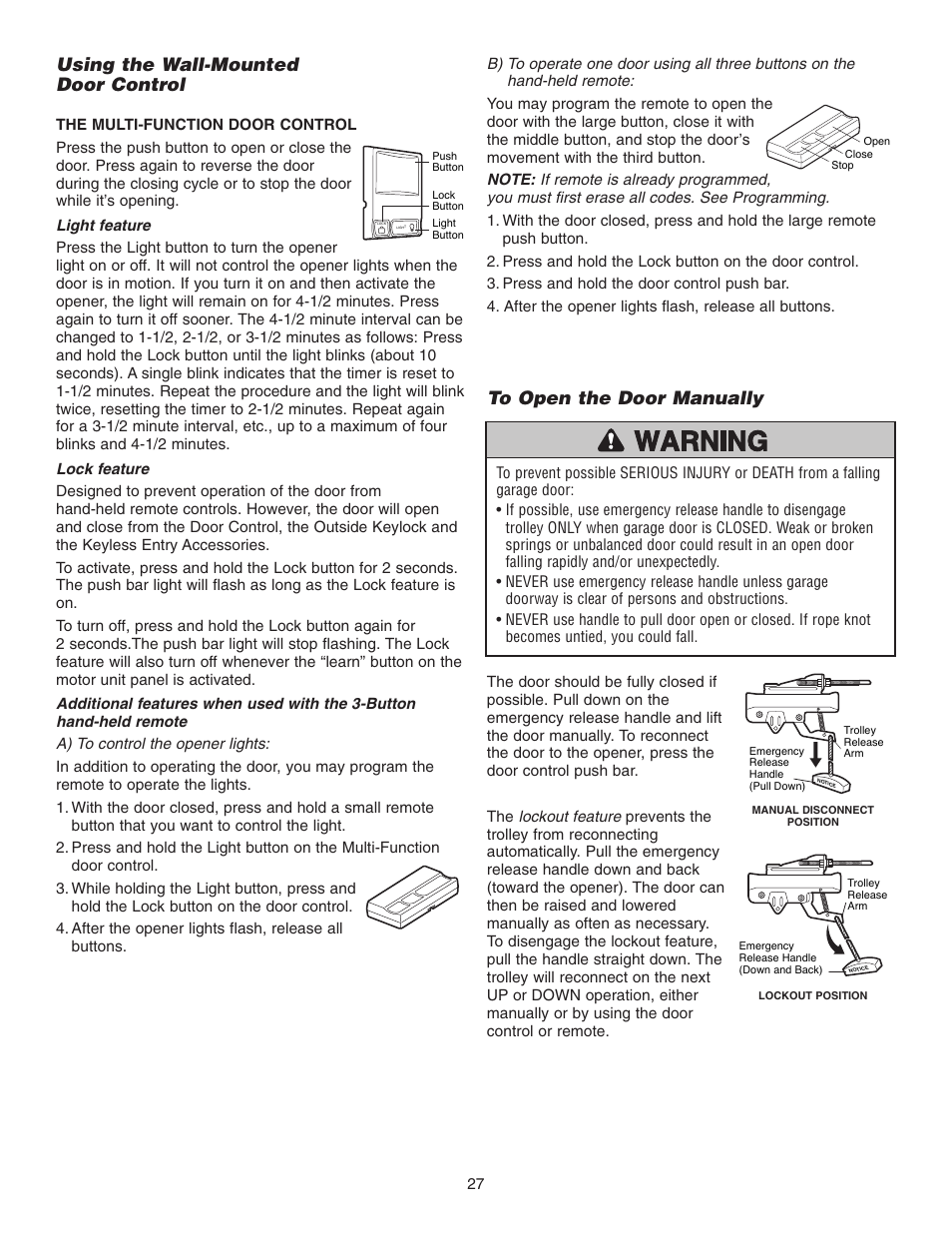 Using the wall-mounted door control, To open the door manually | Chamberlain 3265 1/2 HP User Manual | Page 27 / 36