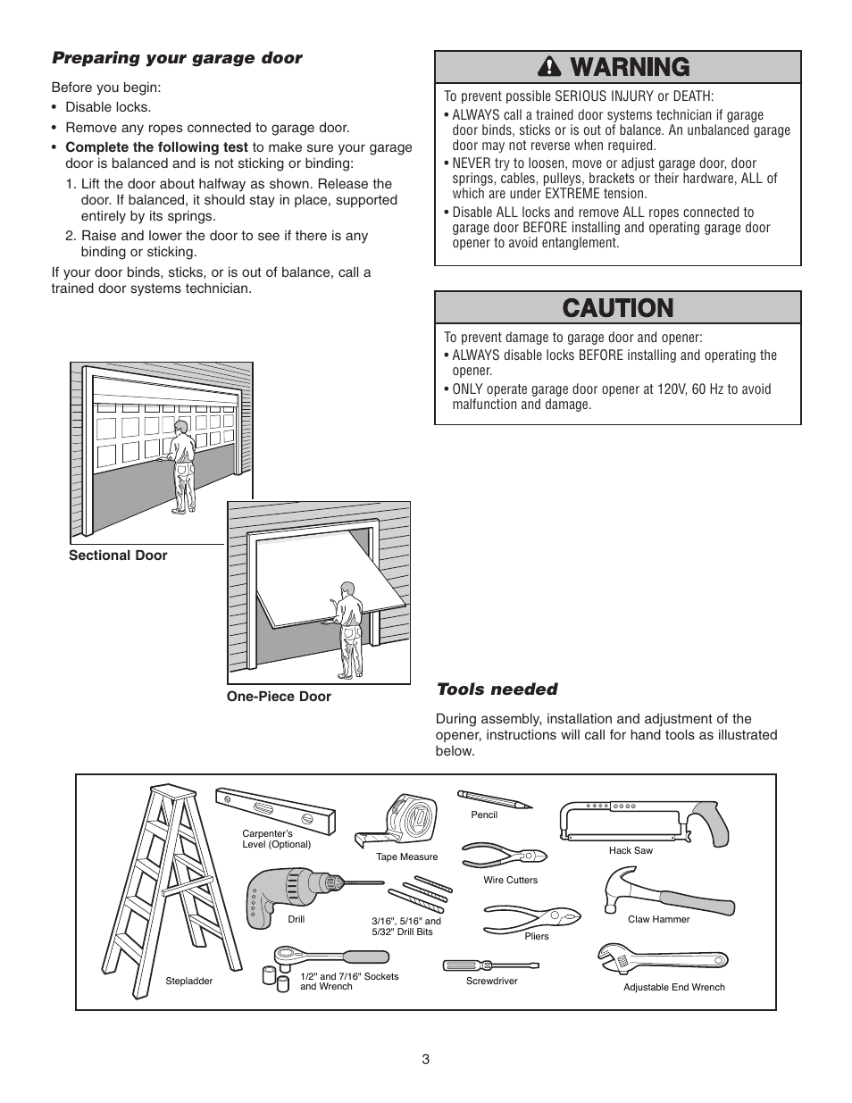 Preparing your garage door, Tools needed | Chamberlain 3265 1/2 HP User Manual | Page 3 / 36