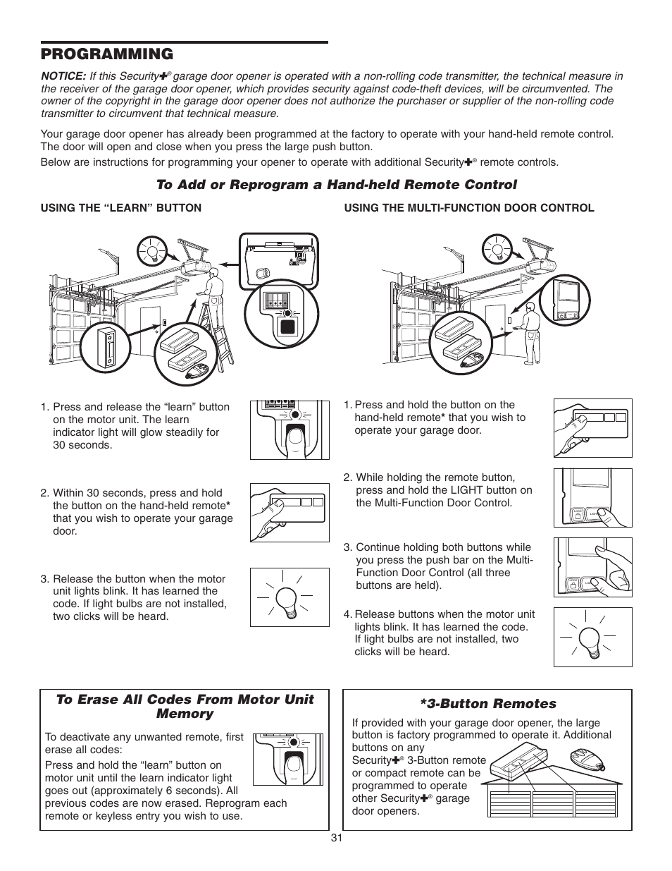 Programming, To erase all codes from motor unit memory, Button remotes | Chamberlain 3265 1/2 HP User Manual | Page 31 / 36