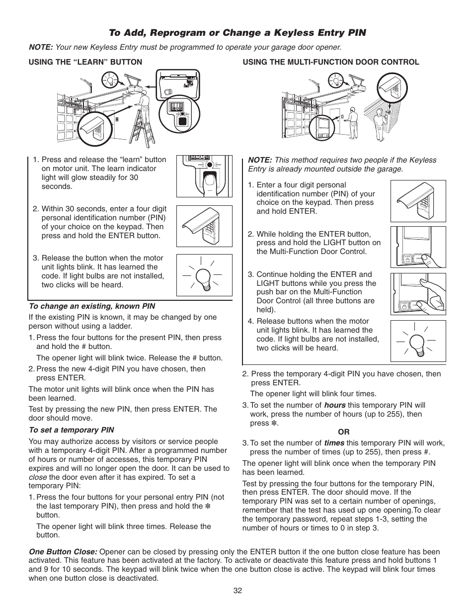 To add, reprogram or change a keyless entry pin | Chamberlain 3265 1/2 HP User Manual | Page 32 / 36