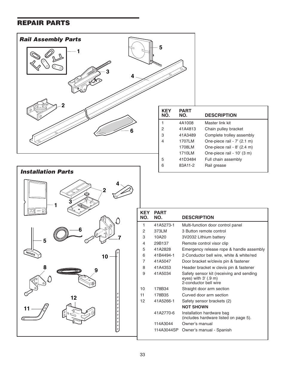 Repair parts, Installation parts, Rail assembly parts | 912 installation parts | Chamberlain 3265 1/2 HP User Manual | Page 33 / 36