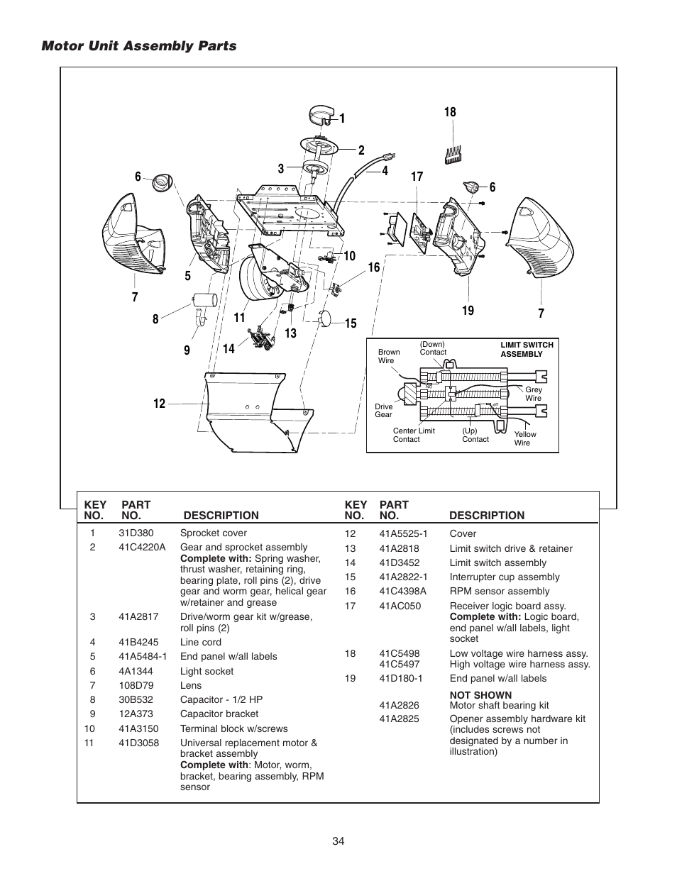 Motor unit assembly parts | Chamberlain 3265 1/2 HP User Manual | Page 34 / 36