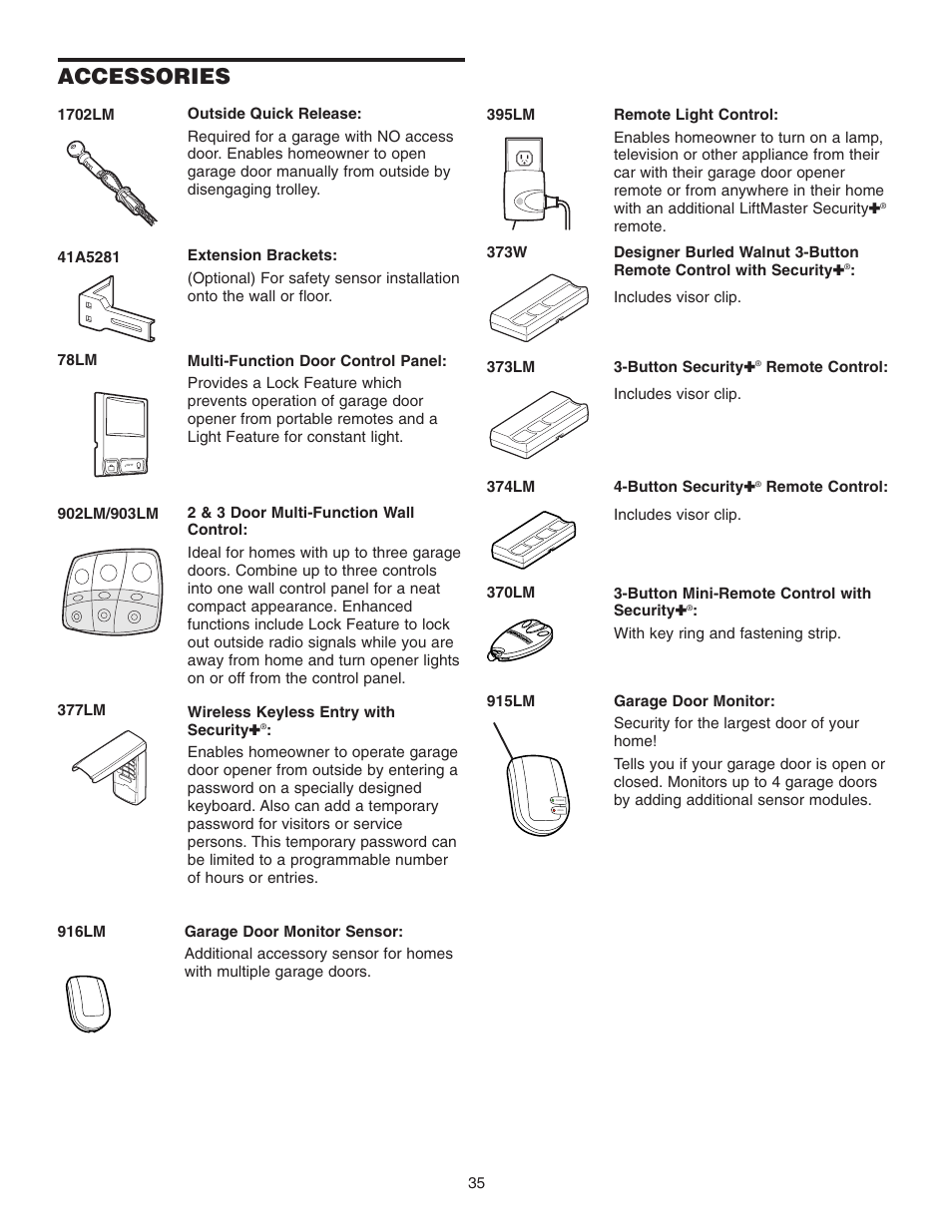 Accessories | Chamberlain 3265 1/2 HP User Manual | Page 35 / 36