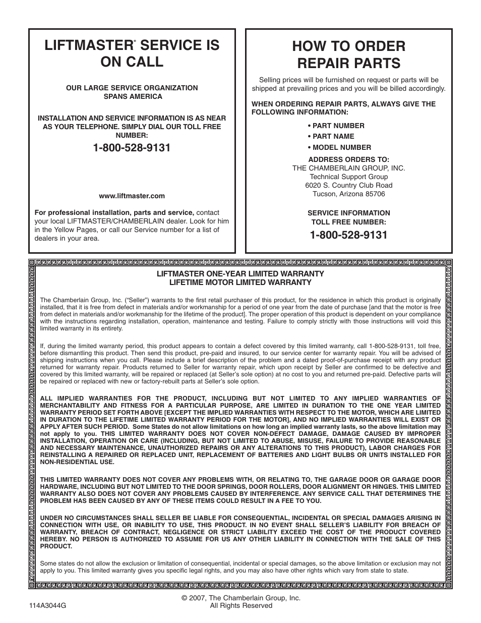 Liftmaster® service is on call, How to order repair parts, Warranty | Liftmaster, Service is on call | Chamberlain 3265 1/2 HP User Manual | Page 36 / 36