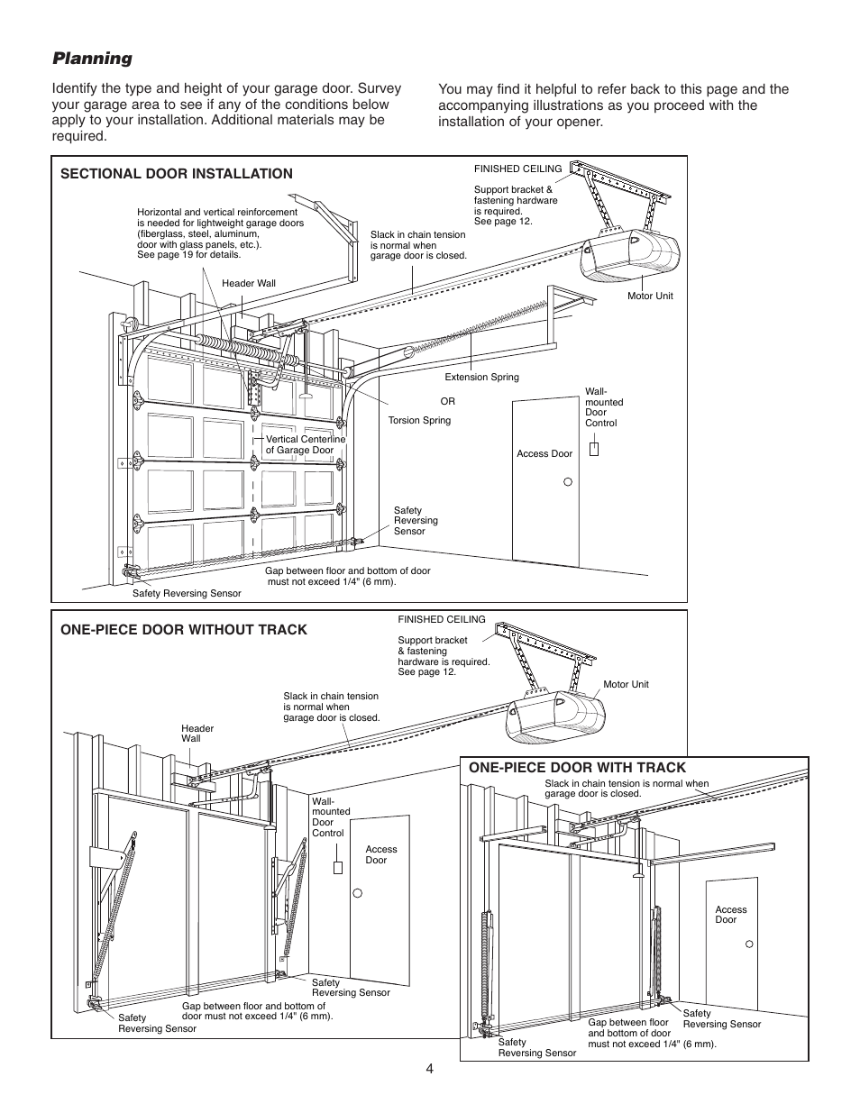 Planning, One-piece door without track 4, One-piece door with track | Chamberlain 3265 1/2 HP User Manual | Page 4 / 36