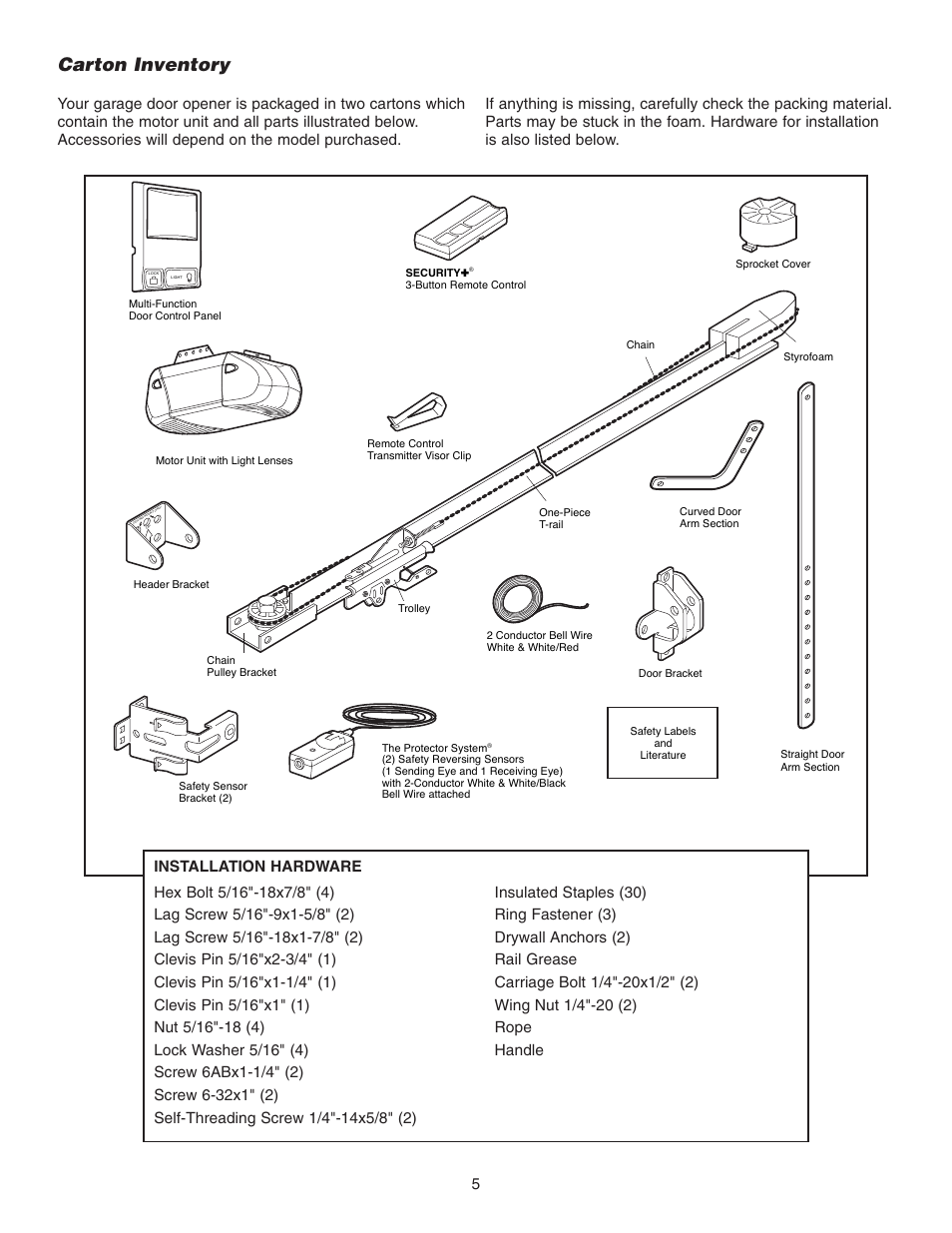 Carton inventory | Chamberlain 3265 1/2 HP User Manual | Page 5 / 36