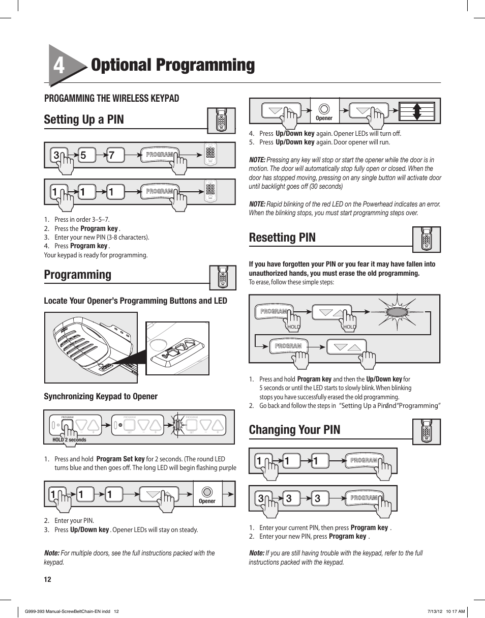 Optional programming, Setting up a pin, Programming | Resetting pin, Changing your pin, Progamming the wireless keypad | Controlled Products Systems Group 4024 User Manual | Page 12 / 24