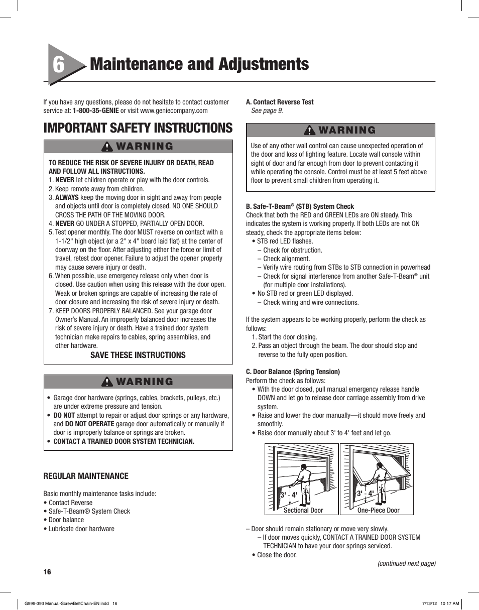 Maintenance and adjustments, Important safety instructions, Warning | Controlled Products Systems Group 4024 User Manual | Page 16 / 24