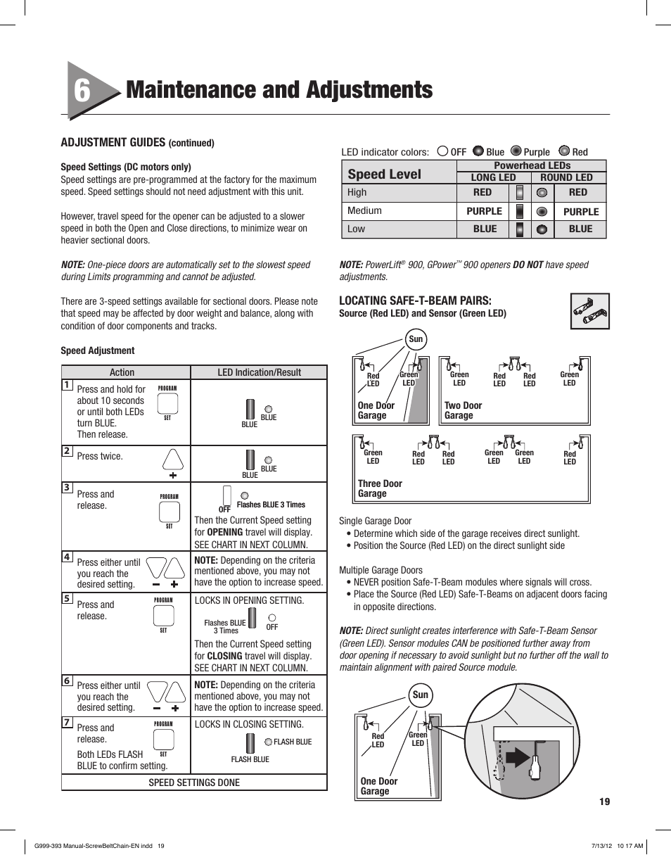 Maintenance and adjustments, Speed level, Adjustment guides | Locating safe-t-beam pairs | Controlled Products Systems Group 4024 User Manual | Page 19 / 24