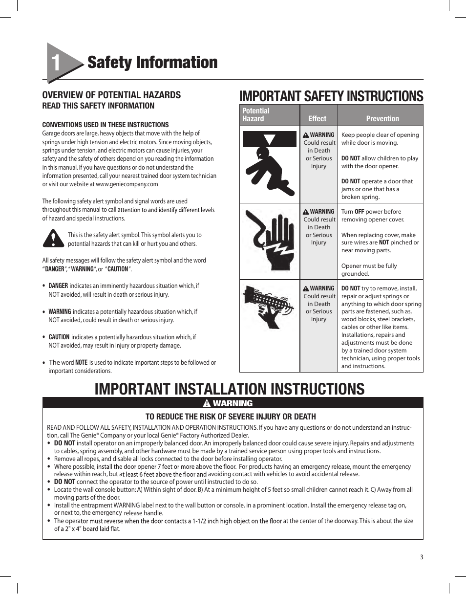 Safety information, Important installation instructions, Important safety instructions | Overview of potential hazards, Read this safety information, Warning | Controlled Products Systems Group 4024 User Manual | Page 3 / 24