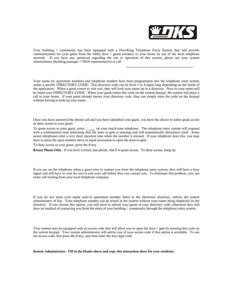 Guest communication, Granting or denying access, Call waiting | Privacy, Access code, Resident instruction sheet | Controlled Products Systems Group 1802-082 User Manual | Page 53 / 53