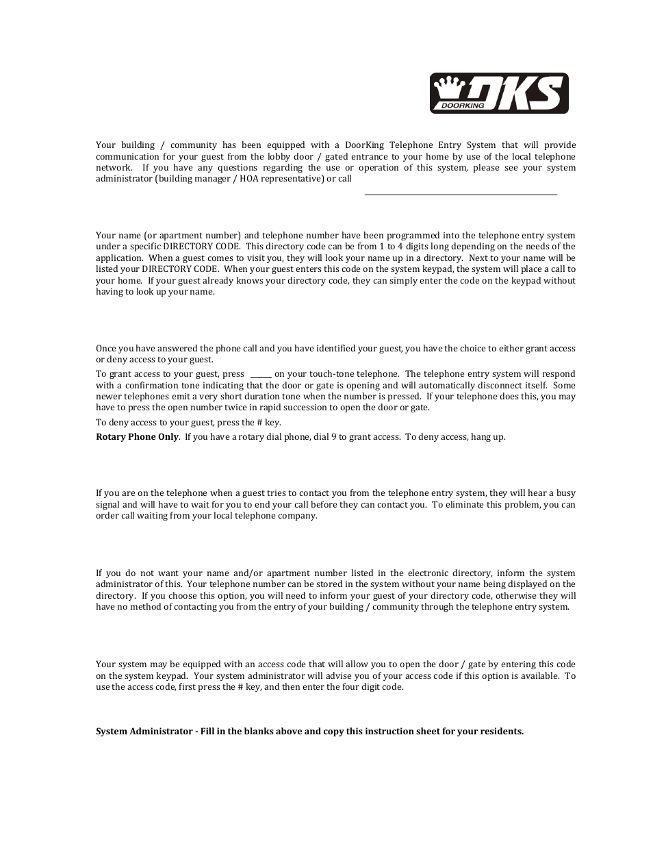 Guest communication, Granting or denying access, Call waiting | Privacy, Access code, Resident instruction sheet | DoorKing 1802 Entry System User Manual | Page 53 / 53
