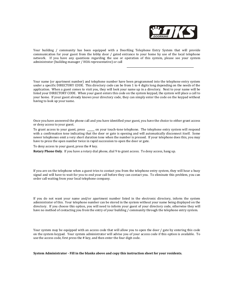 Guest communication, Granting or denying access, Call waiting | Privacy, Access code, Resident instruction sheet | DoorKing 1803 Entry System User Manual | Page 53 / 53