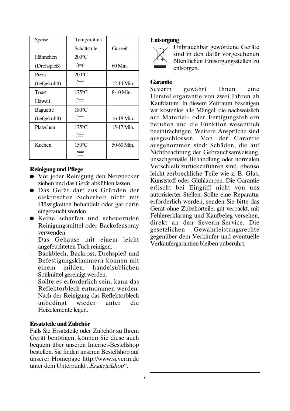 SEVERIN TO 2035 User Manual | Page 7 / 58