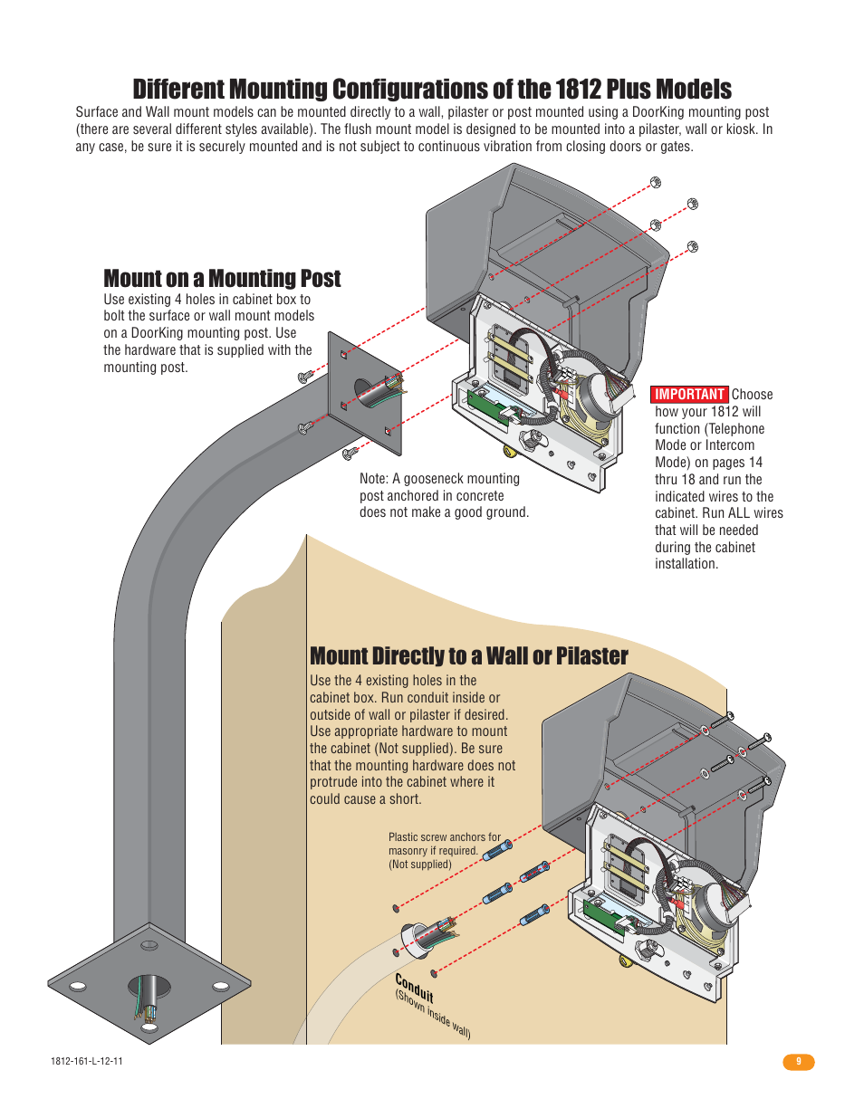 Mount on a mounting post, Mount directly to a wall or pilaster | DoorKing 1812 Plus User Manual | Page 11 / 50