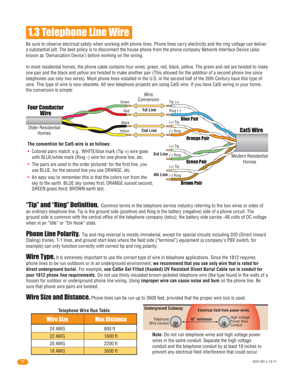 3 telephone line wire, Tip” and “ring” definition, Phone line polarity | Wire type, Wire size and distance | DoorKing 1812 Plus User Manual | Page 14 / 50
