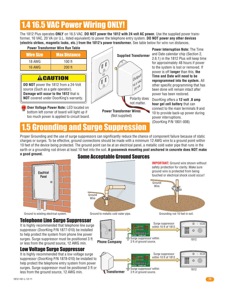 4 16.5 vac power wiring only, 5 grounding and surge suppression, Telephone line surge suppressor | Low voltage surge suppressor, Caution, Some acceptable ground sources, Wire size max distance | DoorKing 1812 Plus User Manual | Page 15 / 50