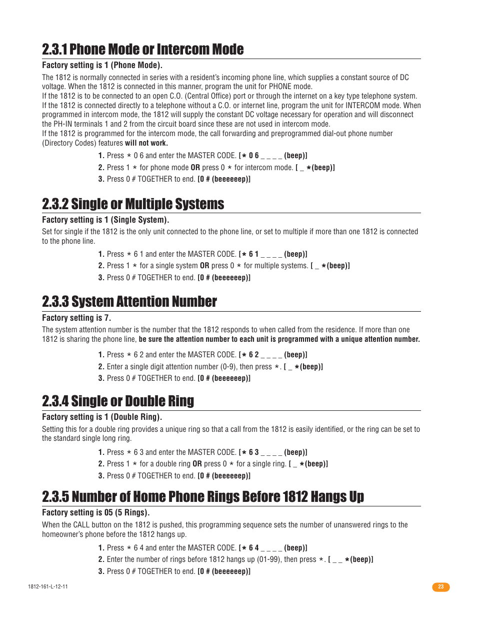 1 phone mode or intercom mode, 2 single or multiple systems, 3 system attention number | 4 single or double ring | DoorKing 1812 Plus User Manual | Page 25 / 50