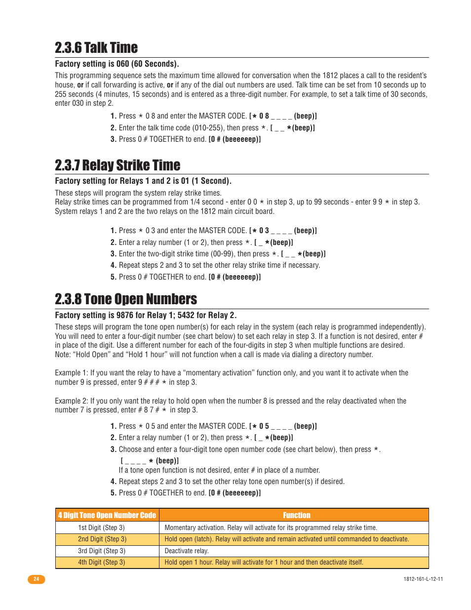 6 talk time, 7 relay strike time, 8 tone open numbers | DoorKing 1812 Plus User Manual | Page 26 / 50