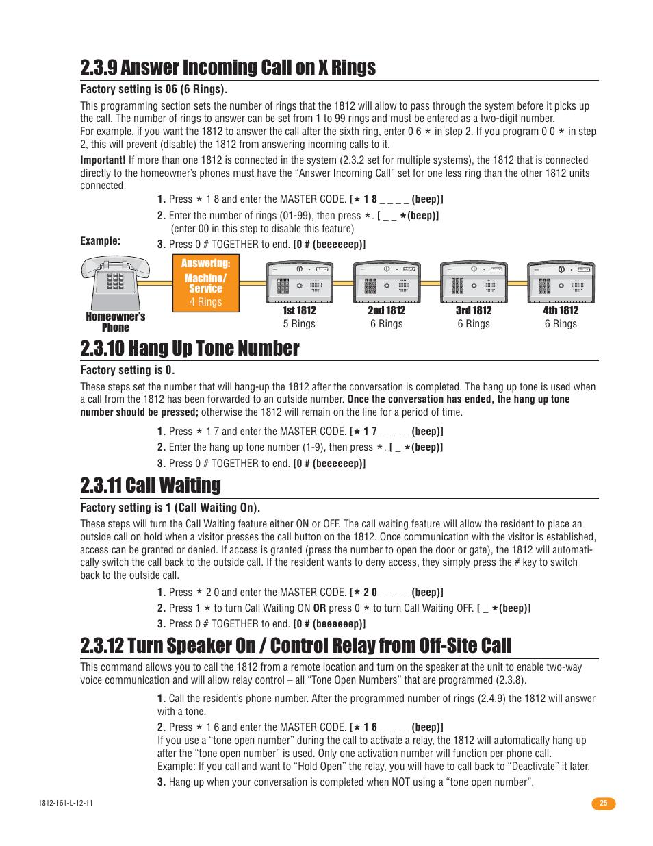 11 call waiting, 10 hang up tone number, 9 answer incoming call on x rings | Factory setting is 1 (call waiting on), Factory setting is 0, Factory setting is 06 (6 rings) | DoorKing 1812 Plus User Manual | Page 27 / 50