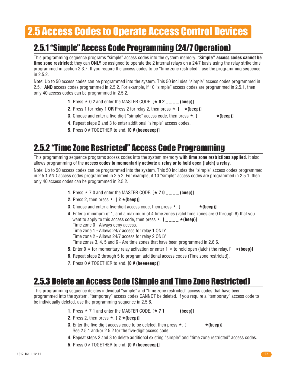 5 access codes to operate access control devices, 2 “time zone restricted” access code programming | DoorKing 1812 Plus User Manual | Page 29 / 50