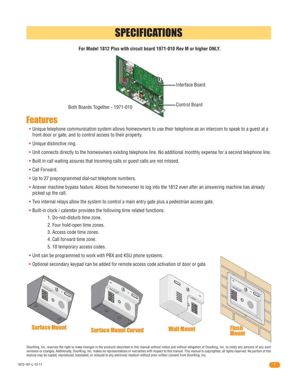 Specifications, Features, Speaker vol mic vol keyp ad master code | DoorKing 1812 Plus User Manual | Page 3 / 50