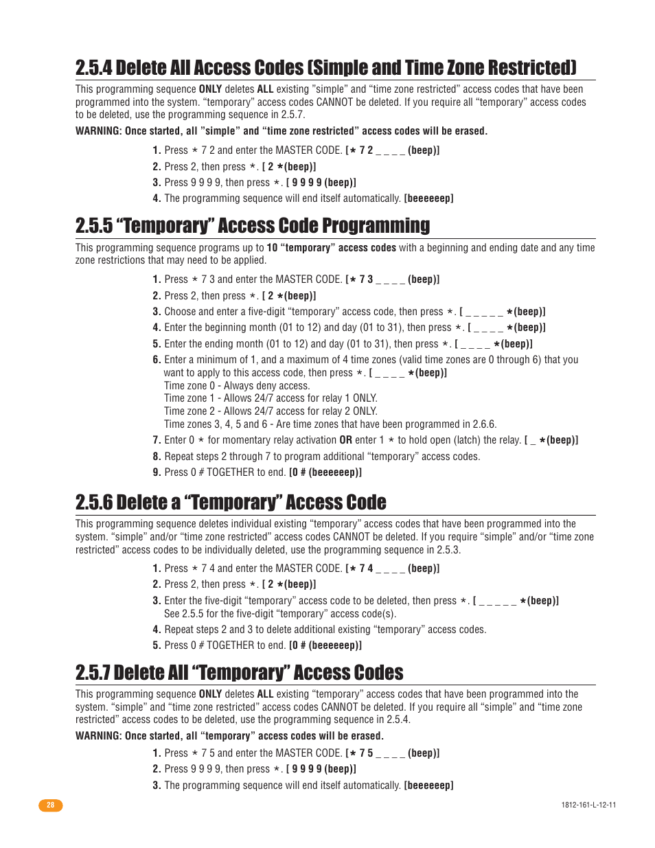 6 delete a “temporary” access code, 5 “temporary” access code programming, 7 delete all “temporary” access codes | DoorKing 1812 Plus User Manual | Page 30 / 50
